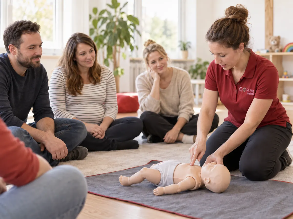 Kursleiterin zeigt einer kleinen Gruppe Erste Hilfe an einer Babypuppe